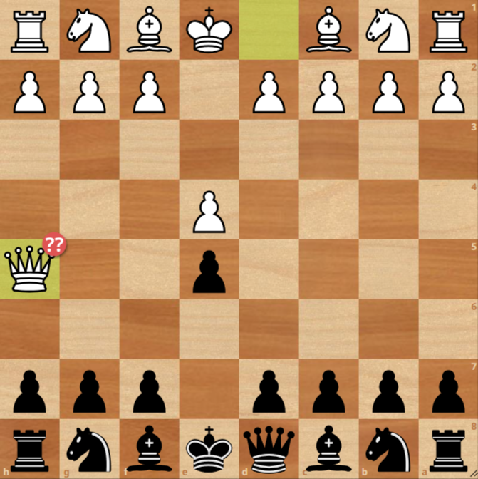 A chessboard shows an opening where White’s queen is on h5 after two moves, and Black’s pawn is on e5. The Qh5 move by White being a mistake as it's a premature Queen development idea