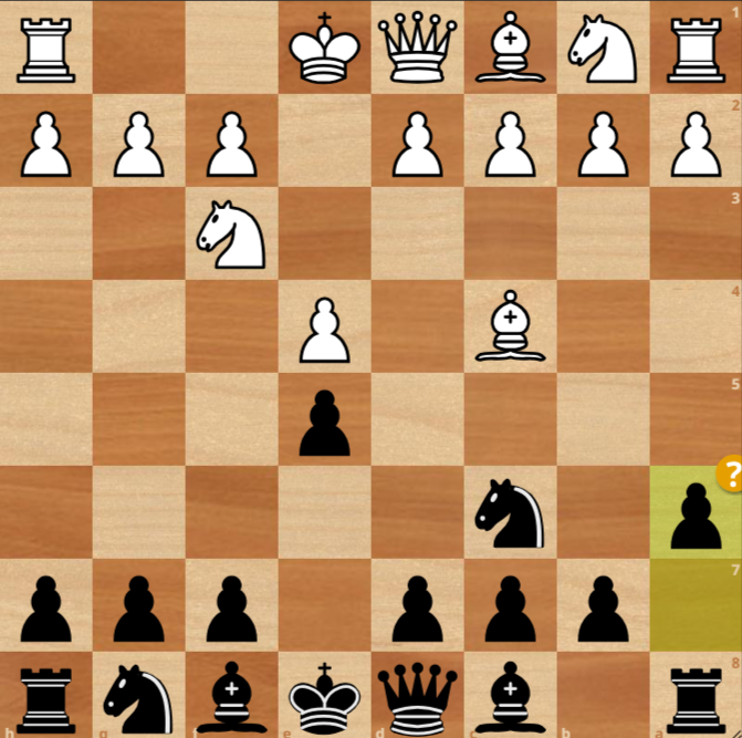 A chessboard showing the opening moves: 1.e4 e5 2.Nf3 Nc6 3.Bc4 h6, with both sides developing pieces.