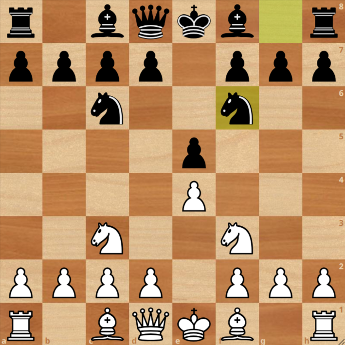 A chessboard displays the opening moves of the Four Knights Game, with both knights developed and pawns positioned on e4, e5, c3, and c6.
