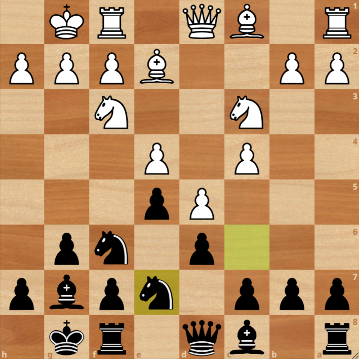 A chess game in progress showing Black’s knight moving to e7 in Kings Indian Defence, demonstrating patterns often seen in the Most Played Chess Openings.