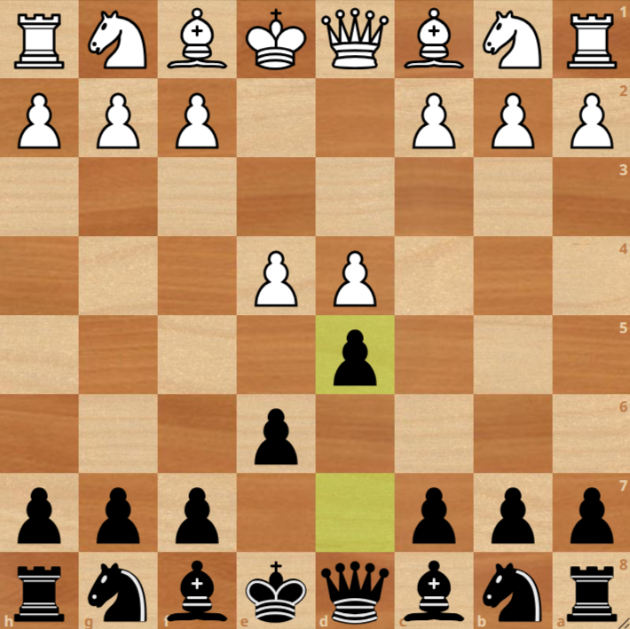 A chessboard displays the position after 1. e4 e6 2. d4 d5, illustrating a key moment in French Defense in one of the Most Played Chess Openings.