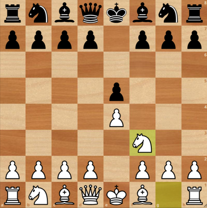 A chessboard showing the opening moves 1.e4 e5 2.Nf3, with the white knight on f3 highlighted.