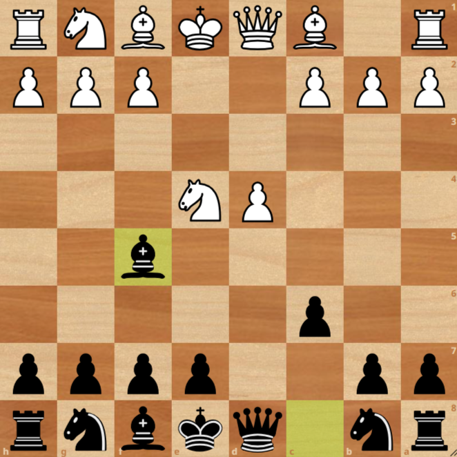A chessboard shows the opening position that we get in Classical Caro-Kann after 1.e4 c6 2.d4 d5 3.Nc3 dxe4 4.Nxe4 Bf5. White to move; Black's bishop is on f5, White's knight is on e4 and the knight is under attack and needs to be defended.