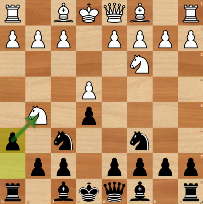 A chessboard shows White's knight on g5 after 4 moves, with Black responding by playing h6 and attacking the knight on g5.