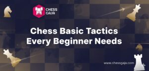 A chessboard background with the text "Chess Basic Tactics Every Beginner Needs" and various chess piece illustrations around the edges.