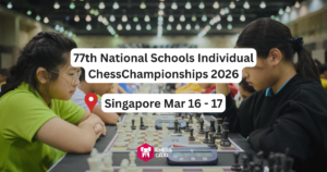 Two girls play chess in a large hall during the 77th National Schools Individual Chess Championships 2026 in Singapore, scheduled for March 16–17.