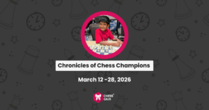 A young boy in a red shirt smiles while sitting at a chessboard. Text reads: "Chronicles of Chess Champions, March 12–28, 2026. Chess Guru.