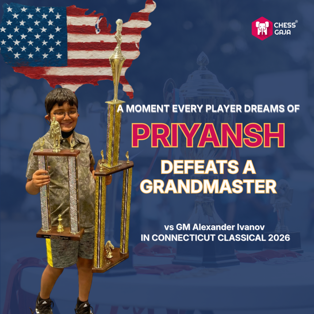 A young boy smiles while holding two large trophies. Text celebrates Priyansh defeating a grandmaster at the Connecticut Classical 2026 chess tournament.