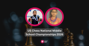 Two students with medals are featured above the text "US Chess National Middle School Championships 2026" with chess pieces in the background.