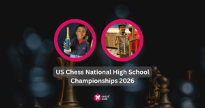 Two boys each holding a trophy, with the text "US Chess National High School Championships 2026" and chess pieces faintly visible in the background.