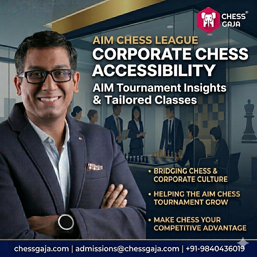 A man in business attire stands smiling in front of a graphic promoting corporate chess accessibility and AIM tournament services by Chess Gaja, with contact information listed below.