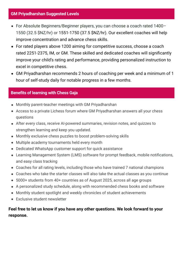 A screenshot outlining coaching options, pricing, benefits, and a list of learning features for GM Priyadharshan’s chess academy, with contact information at the bottom.