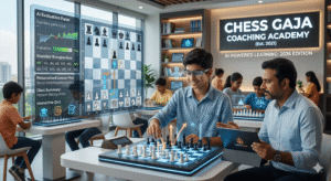 A chess academy with AI-powered learning. A student plays chess on a digital board as a coach monitors