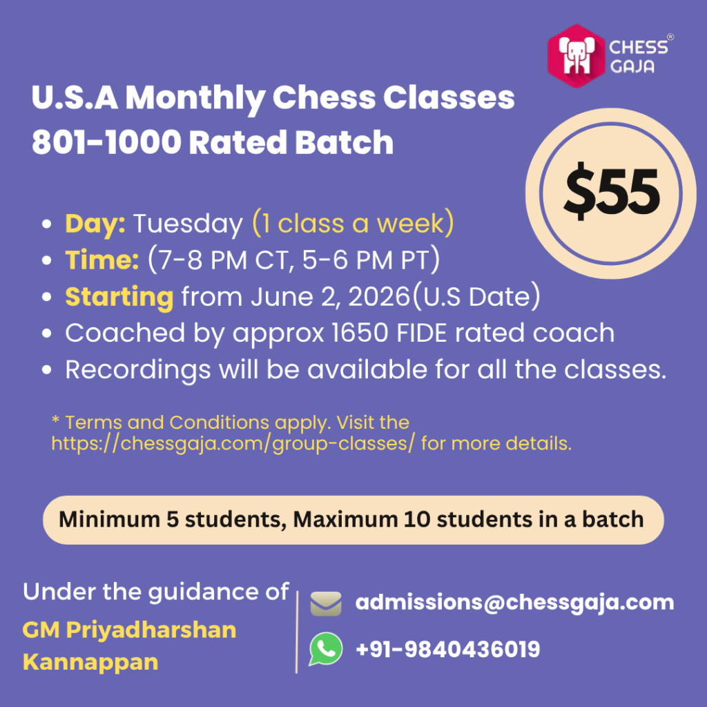 Informational flyer for USA monthly chess classes (801-1000 rated batch), starting June 2, 2026, $55 fee, coached by FIDE-rated coach, under GM Priyadharshan Kannappan.