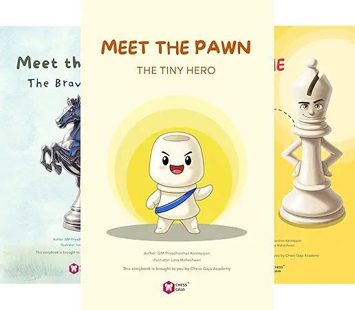 Three children's book covers about chess pieces; the central cover features an animated pawn character with the title "Meet the Pawn: The Tiny Hero.
