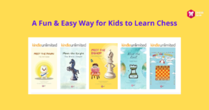 A series of five illustrated children's chess books are displayed under the heading "A Fun & Easy Way for Kids to Learn Chess.
