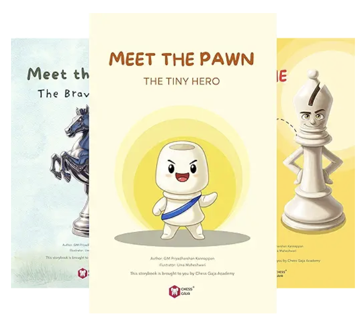 Three illustrated chess-themed children's books, with the front cover titled "Meet The Pawn: The Tiny Hero" featuring a cartoon pawn character wearing a blue sash.