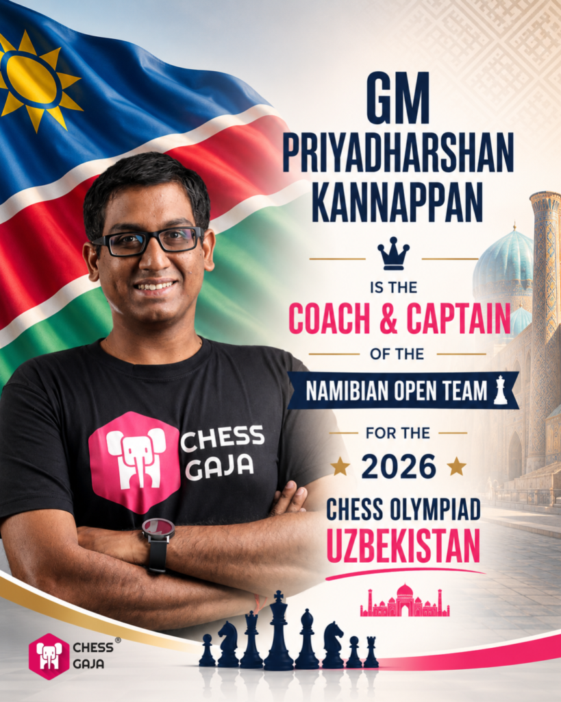 GM Priyadharshan Kannappan is announced as coach and captain of the Namibian chess team for the 2026 Chess Olympiad in Uzbekistan.
