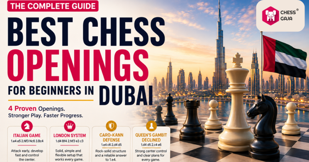 A promotional image for “Best Chess Openings for Beginners in Dubai,” with chess pieces in the foreground and the Dubai skyline and UAE flag in the background.