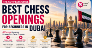 A promotional image for “Best Chess Openings for Beginners in Dubai,” with chess pieces in the foreground and the Dubai skyline and UAE flag in the background.