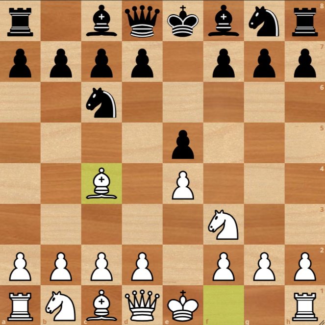A chessboard shows an opening with White's bishop on c4, knight on f3, and pawns on e4 and d2; Black's knight is on c6, pawn on e5, other pieces in starting positions—a classic setup for players aiming to learn chess openings.