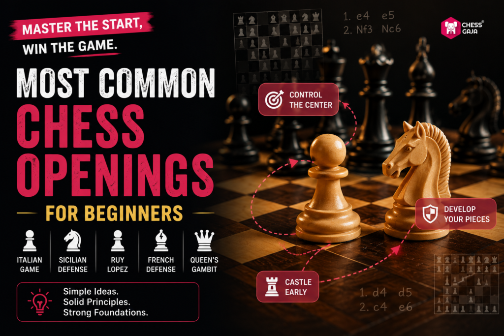 Infographic titled "Most Common Chess Openings for Beginners" showing chess pieces, opening names, and tips: control center, develop pieces, castle early.