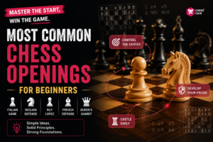 Infographic titled "Most Common Chess Openings for Beginners" showing chess pieces, opening names, and tips: control center, develop pieces, castle early.