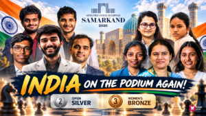 Group photo of Indian chess players with medals, the Indian flag, and Samarkand landmarks, celebrating silver in Open and bronze in Women’s categories at the 2026 FIDE Chess Olympiad.