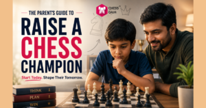 An adult and a child focus on a chessboard at a table. Text reads: “The Parent’s Guide to Raise a Chess Champion. Start Today. Shape Their Tomorrow.” Chess books are in the foreground.