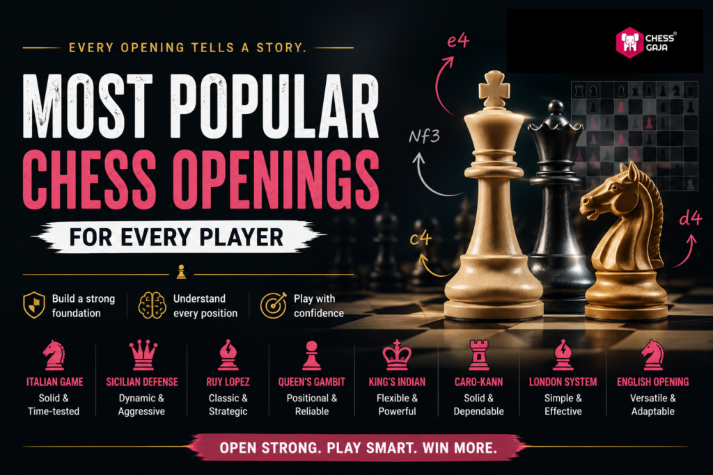 Infographic showing the most popular chess openings, with images of chess pieces, opening names, icons, and brief attributes for each strategy.