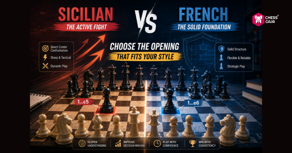 Chess infographic comparing the Sicilian Defense (1...c5) with the French Defense (1...e6), highlighting their traits and suggesting to choose the opening that fits your playing style.
