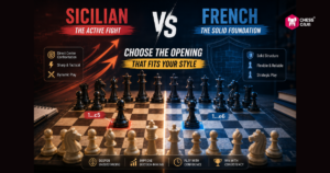 Chess infographic comparing the Sicilian Defense (1...c5) with the French Defense (1...e6), highlighting their traits and suggesting to choose the opening that fits your playing style.