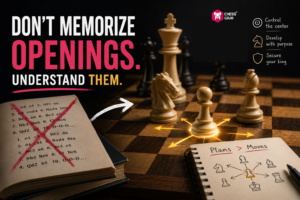 A chessboard with pieces, an open book with crossed-out chess notations, and a notebook illustrating chess strategies; text reads “Don’t memorize openings. Understand them.”.