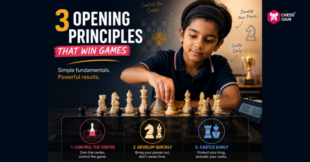 Young girl playing chess, with text outlining three chess opening principles: control the center, develop quickly, and castle early. Visual icons and tips highlight key strategies.