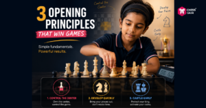 Young girl playing chess, with text outlining three chess opening principles: control the center, develop quickly, and castle early. Visual icons and tips highlight key strategies.
