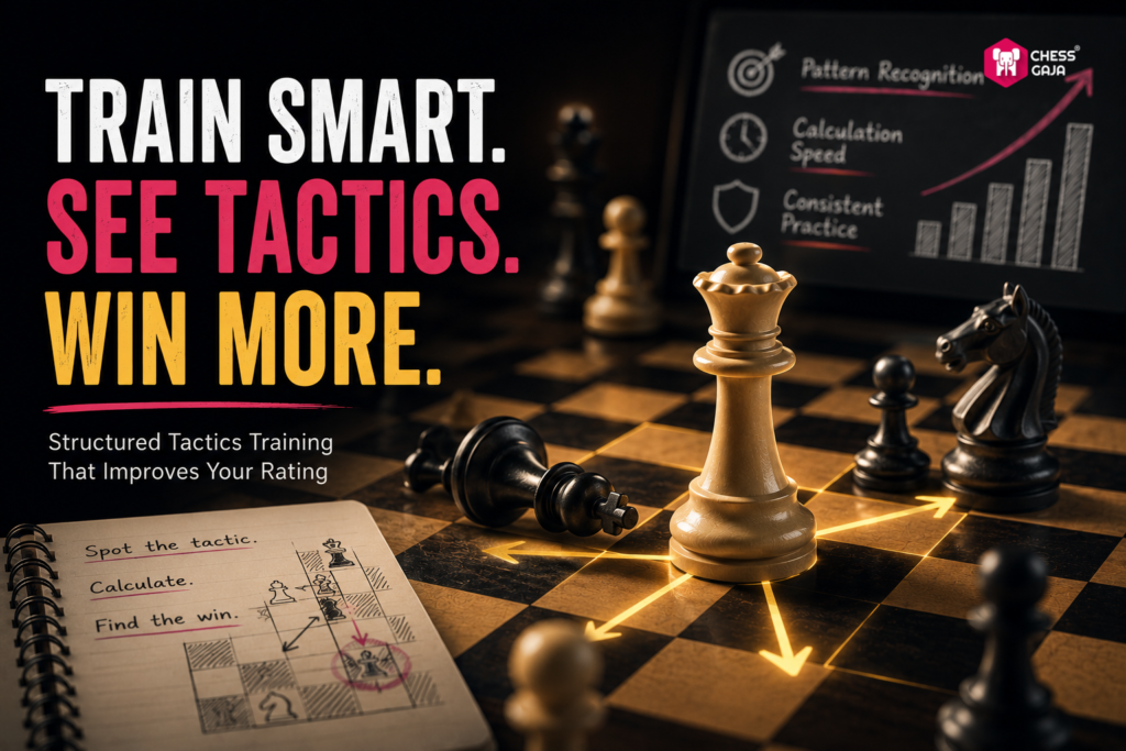 A chess queen stands at the center of a board with strategic diagrams around her; text promotes smart chess tactics training and improving overall tactics.