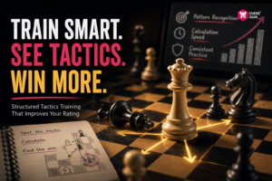 A chess queen stands at the center of a board with strategic diagrams around her; text promotes smart chess tactics training and improving overall tactics.