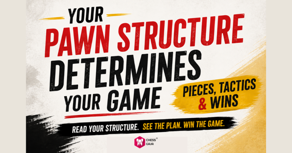 Chess poster reads: “Your pawn structure determines your game. Pieces, tactics & wins. Read your structure. See the plan. Win the game.” Includes the Chess Guru logo at the bottom.