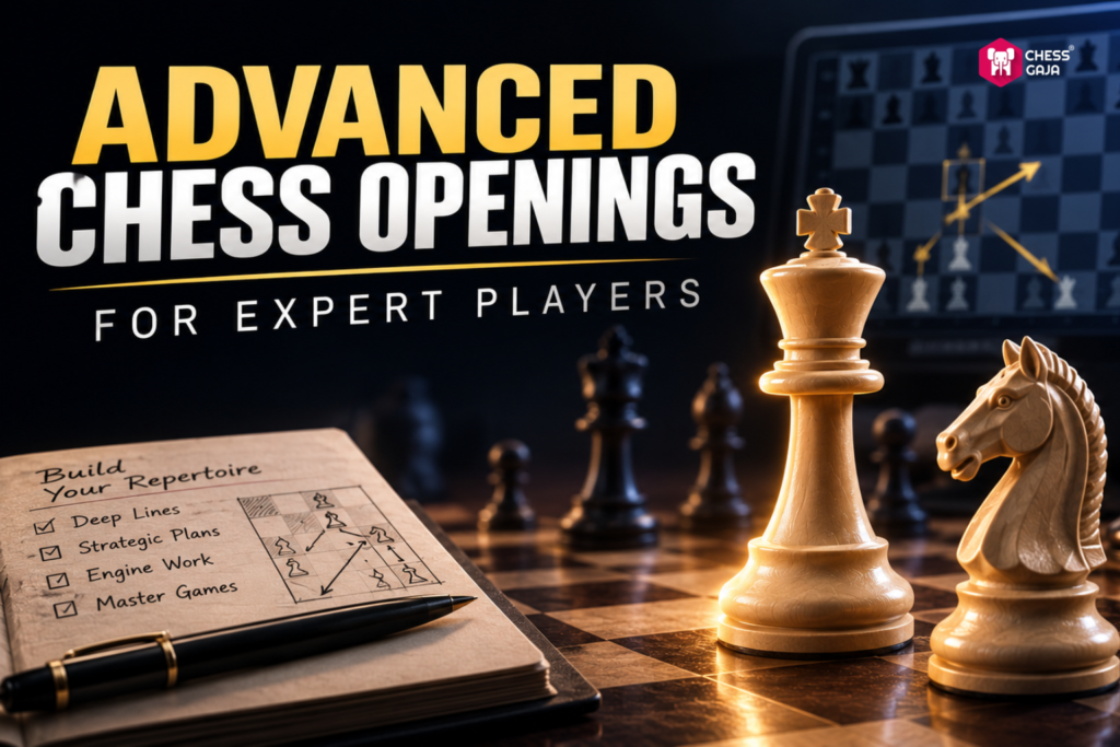 A chess board with large pieces, a notebook listing chess strategies, and a screen showing a chess diagram. Text reads: "Advanced Chess Openings for Expert Players.
