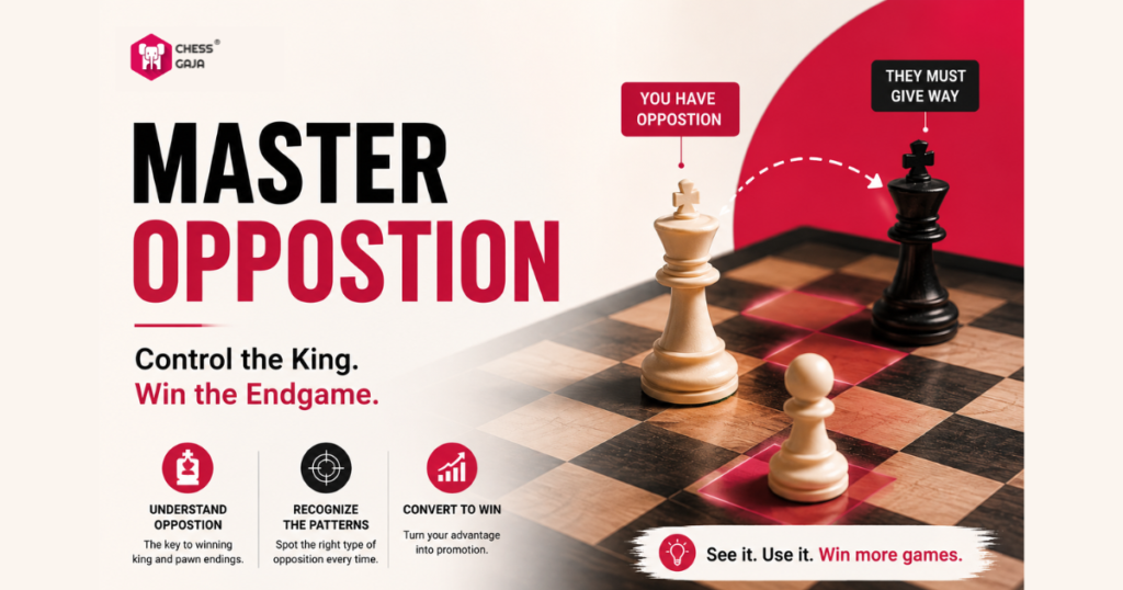 A chess endgame with a white king, white pawn, and black king; white has opposition, forcing the black king to move back. Text explains mastering opposition to win endgames.