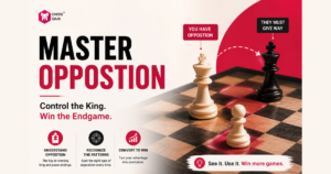 A chess endgame with a white king, white pawn, and black king; white has opposition, forcing the black king to move back. Text explains mastering opposition to win endgames.