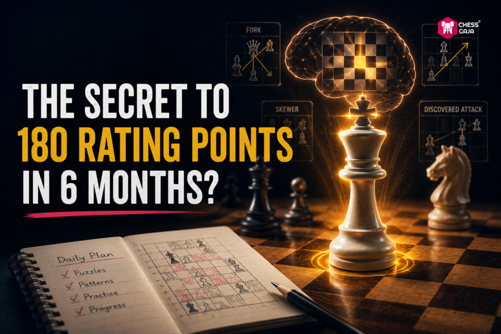A glowing chess queen stands on a board with tactical motifs; text reads, “The secret to 180 rating points in 6 months?” beside a notebook titled "Daily Plan.