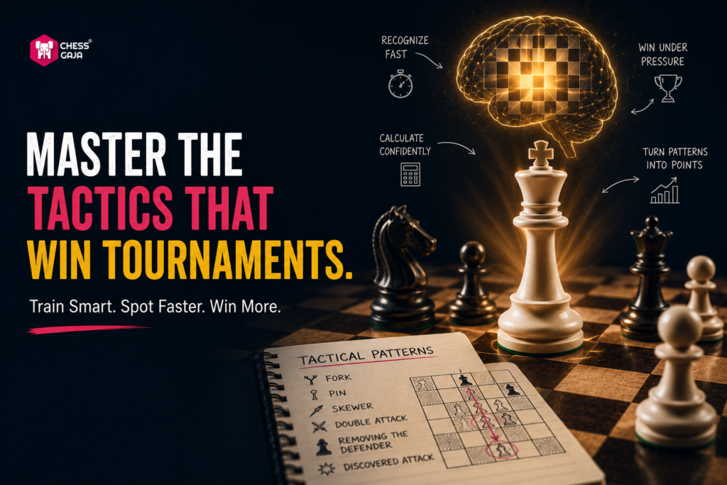 A chessboard with glowing brain above a white king, surrounded by chess pieces and a notepad labeled "Tactical Patterns" listing chess tactics. Text promotes winning chess tournaments.