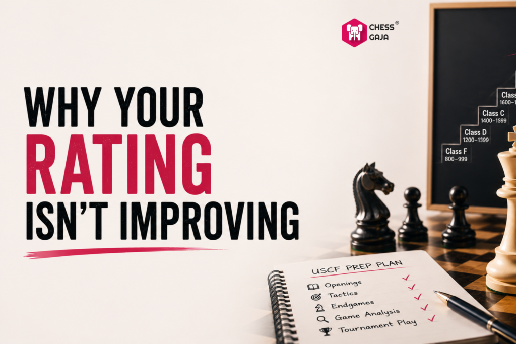 A notebook labeled "USCF Prep Plan" and chess pieces are shown, with a sign listing chess classes and the text "Why your rating isn’t improving" in bold, highlighting the value of a focused USCF rated prep plan.