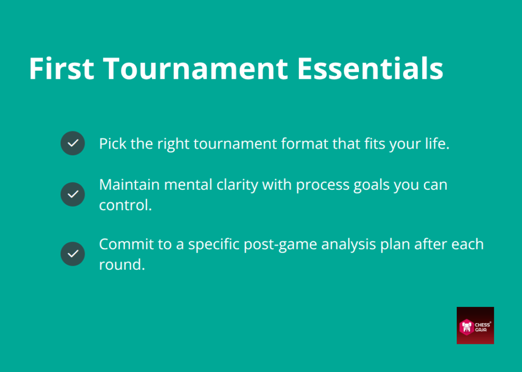 A teal graphic lists three tips for tournament preparation: choose the right format, set process goals, and make a post-game analysis plan for each round—a helpful USCF rated prep plan for adults.