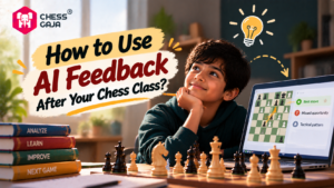 A young boy looks thoughtfully at a laptop screen displaying a chess game analysis next to a stack of books labeled “Analyze,” “Learn,” “Improve,” and “Next Game.”.