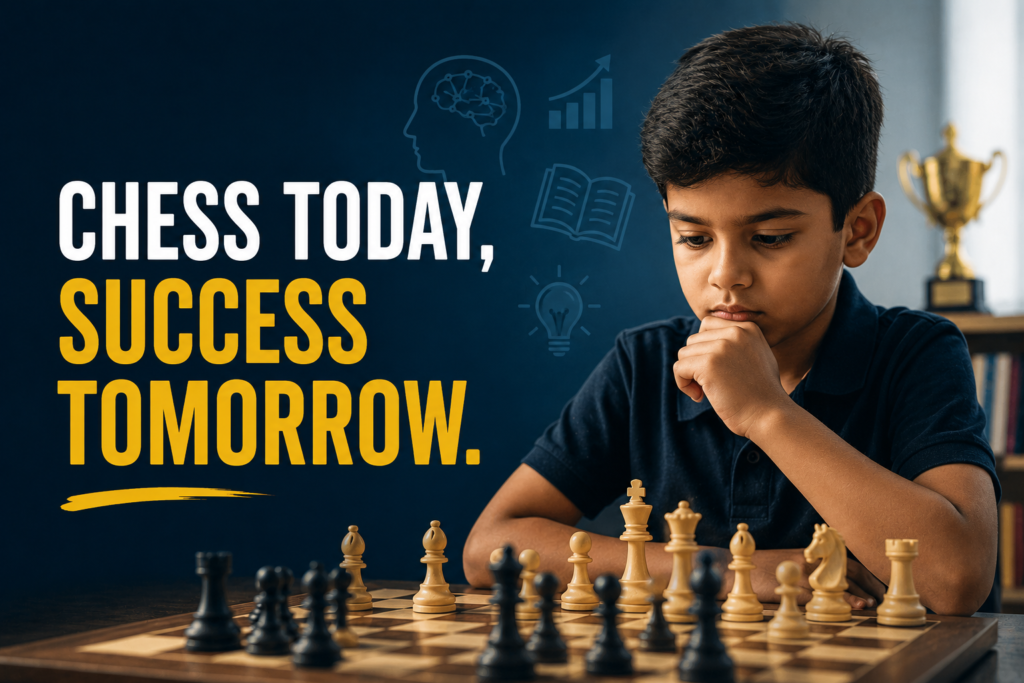 A boy concentrates on a chess game at a table, with a trophy and motivational text about success in the background.