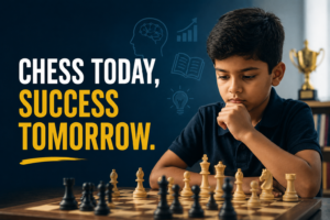 A boy concentrates on a chess game at a table, with a trophy and motivational text about success in the background.