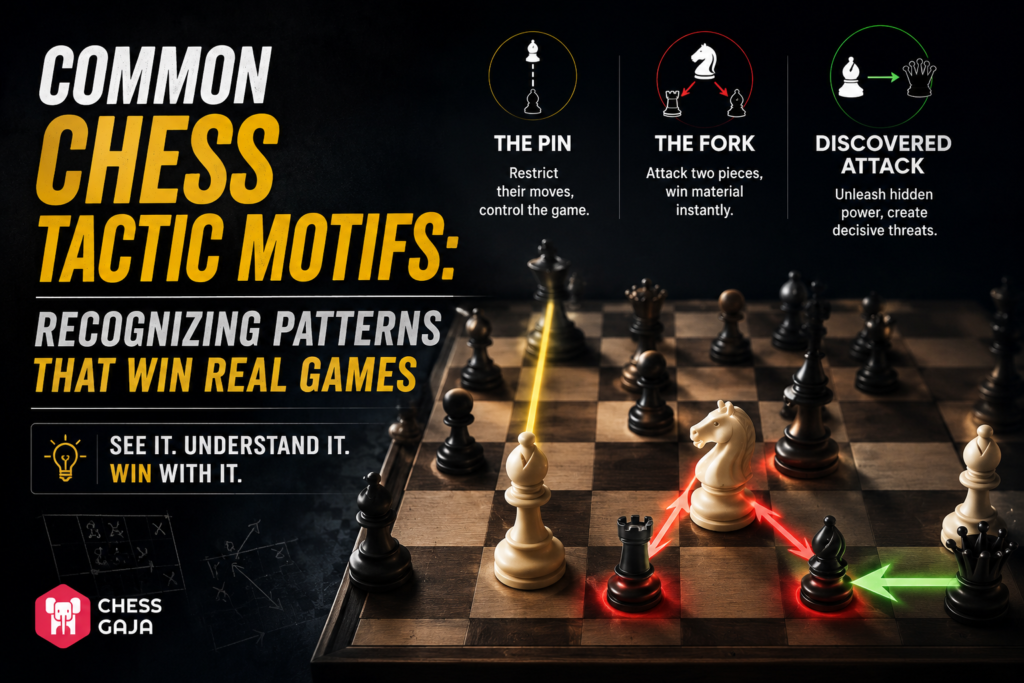 Chess tactics infographic showing a board with highlighted motifs: the pin, the fork, and discovered attack, with brief descriptions and arrows illustrating each tactic.