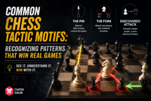 Chess tactics infographic showing a board with highlighted motifs: the pin, the fork, and discovered attack, with brief descriptions and arrows illustrating each tactic.